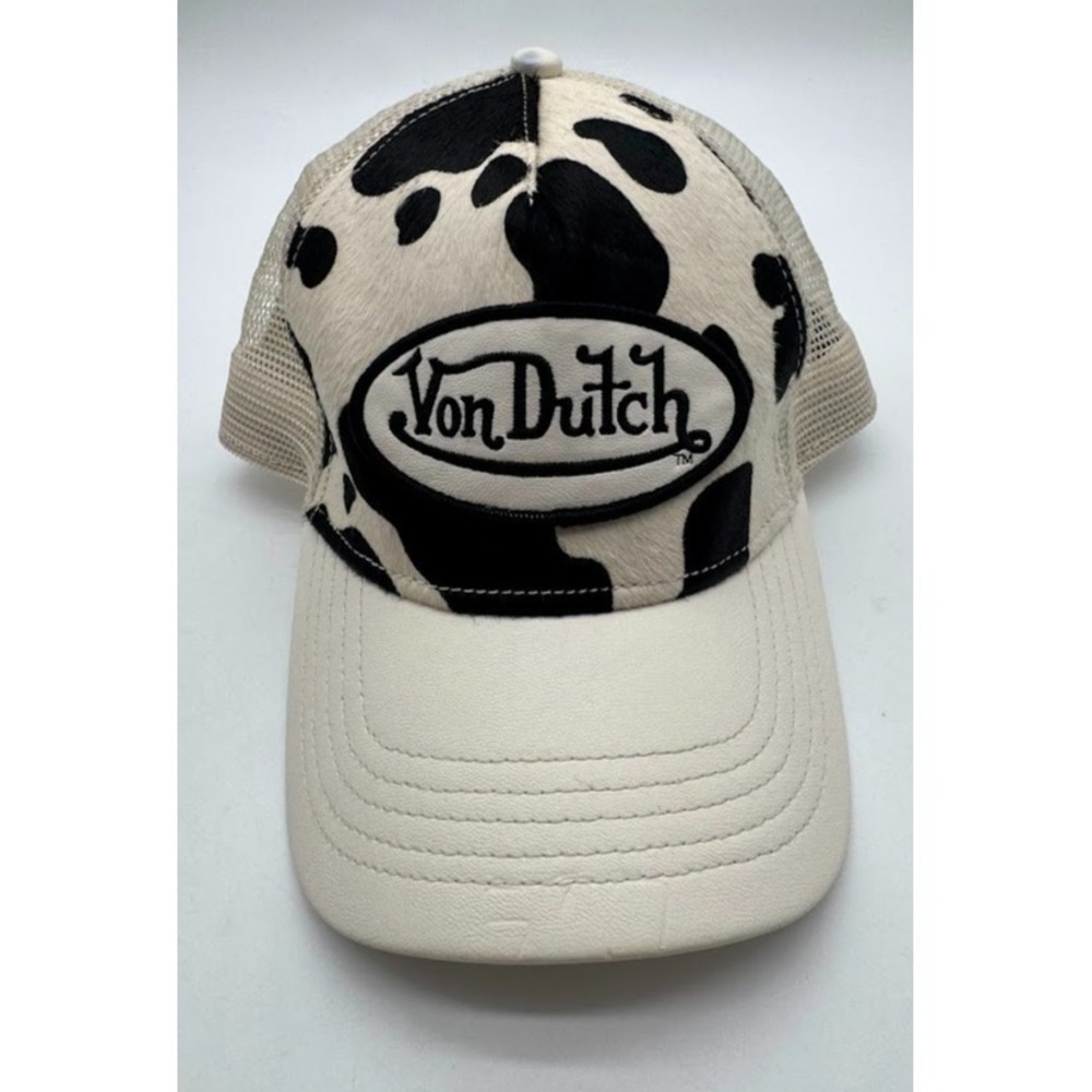 Von Dutch Cow Print Trucker Hat Beige Black Haircalf Mesh Snapback Adjustable